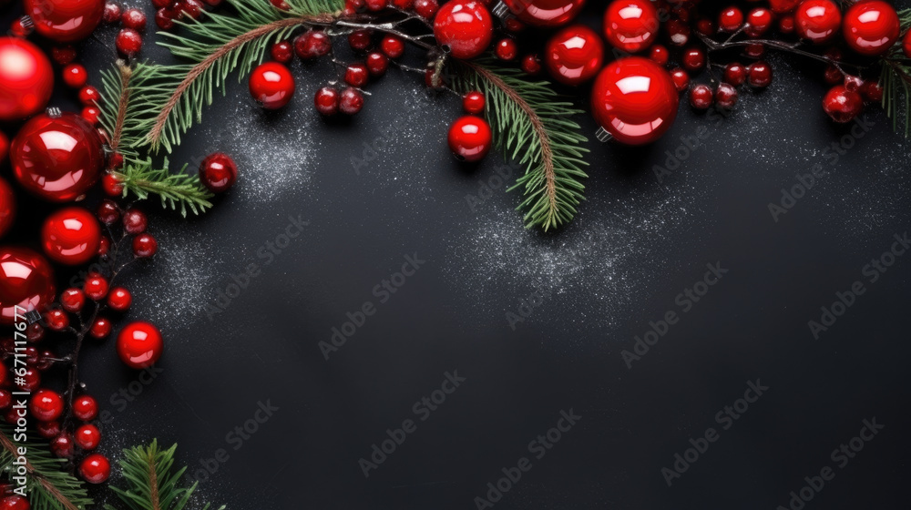 Dark wintry setting with frosted pine branches and clusters of shiny red berries intertwined with twine, all dusted with delicate snowflakes.