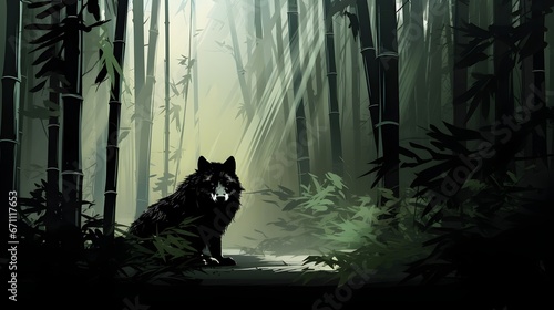 Mystical Wolf in Asian Bamboo Forest Nocturne photo