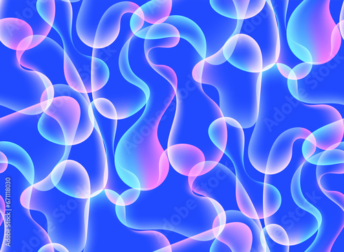 Neon seamless background in trippy style. Vector background of rounded shapes stretching and intersecting with each other. Transparency overlay effect.