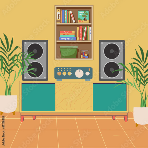 Hifi speakers and amplifier in the living room with home plants