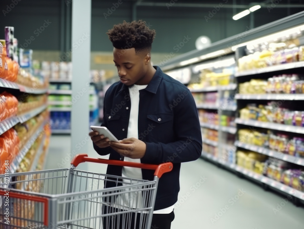A man uses her smartphone to check his purchase list in a supermarket