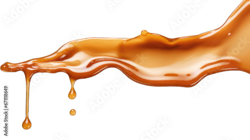 Melted caramel, delicious caramel sauce or maple syrup swirl isolated on white background.