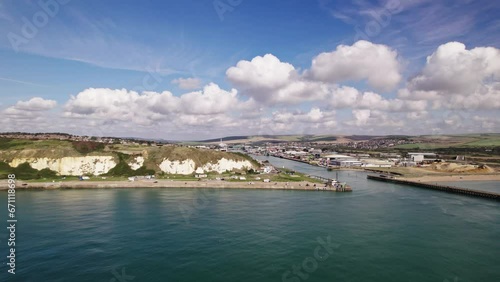 Aerial approach of Newhaven port, Sussex, England