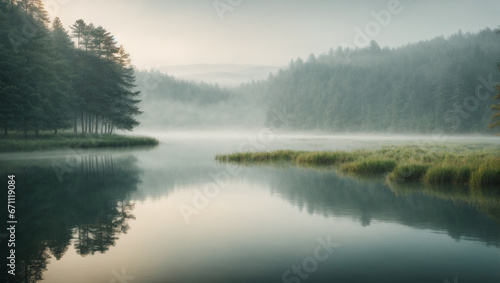 A tranquil, misty morning on a calm lake surrounded by trees. Peaceful, reflective waters.