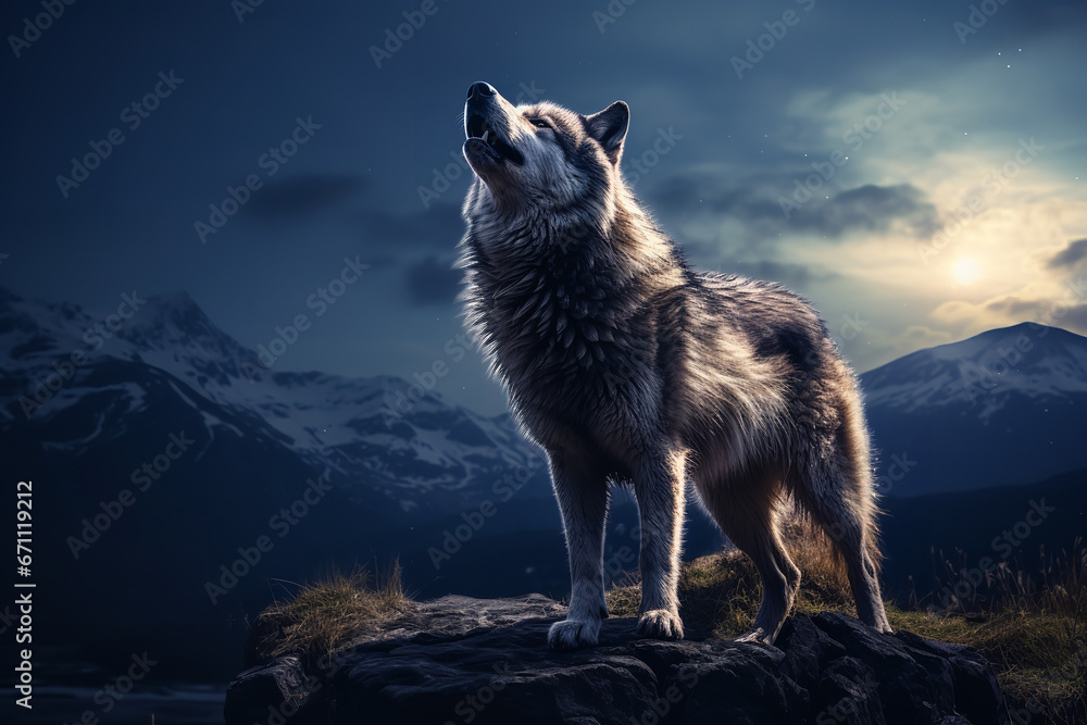 Overlooking the wilderness, a powerful wolf, its gaze piercing the dark, raises its voice in a haunting serenade Overlooking the wilderness, a powerful wolf, its gaze piercing the dark, raises its voice in a haunting serenade