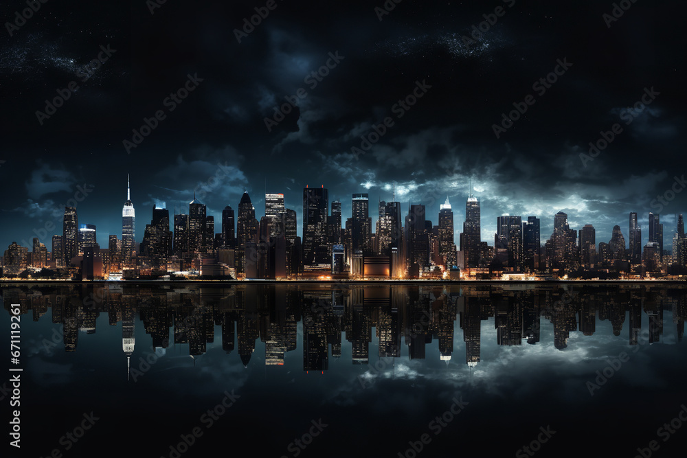 Bathed in artificial luminance, towering skyscrapers punctuate the cityscape, casting a breathtaking contrast against the deep nocturnal canvas.