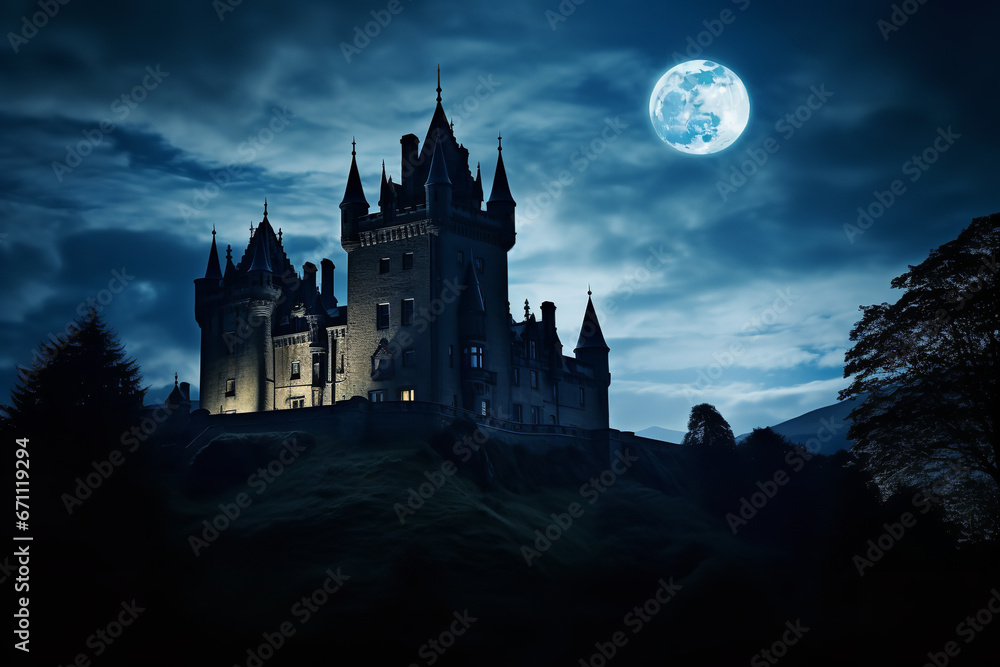 Dominating the landscape, a dark castle stands tall, its spires and battlements outlined by moonlight, creating a scene of haunting beauty and timeless tales.