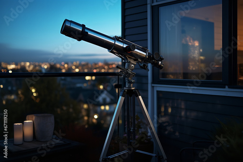 Overlooking the city's silhouette, a telescope stands poised on a balcony, ready to unveil the cosmic wonders of the night sky to curious eyes. photo