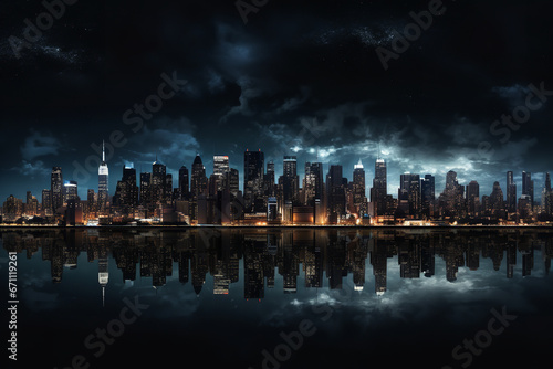 Bathed in artificial luminance, towering skyscrapers punctuate the cityscape, casting a breathtaking contrast against the deep nocturnal canvas.