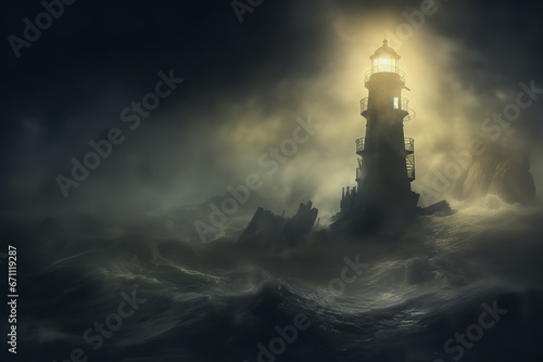 Standing sentinel against the obsidian seascape, an ancient lighthouse emits a beacon of hope, ensuring mariners navigate the night's challenges with assurance photo