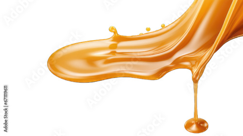 Melted caramel, delicious caramel sauce or maple syrup swirl isolated on white background.