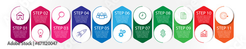 11 step infographic, simple infographic design consisting of eleven interrelated parts, circle design combined with lines, icons and colors, good for your business presentation