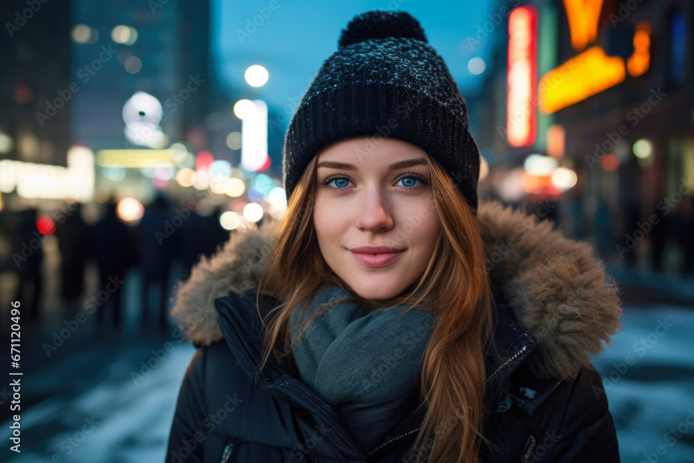 Young woman standing on the streets on a city winter scene Young woman standing on the streets on a city winter scene