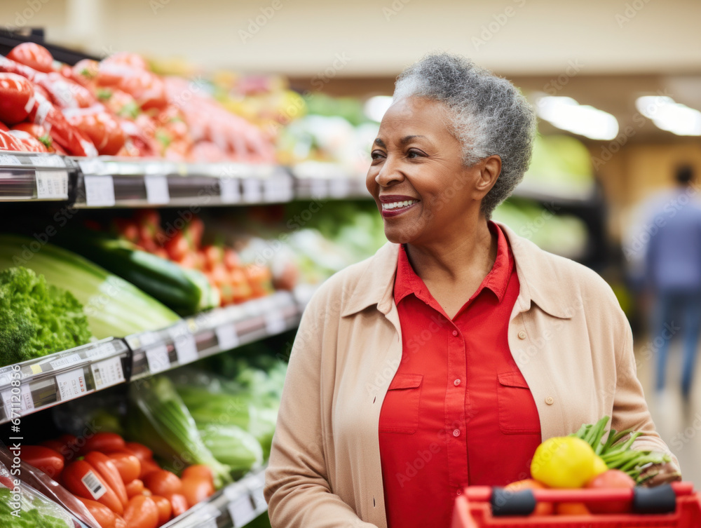 A portrait of a woman shopping in a supermarket