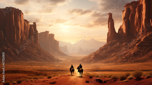 a cowboy riding through a desolate valley photo