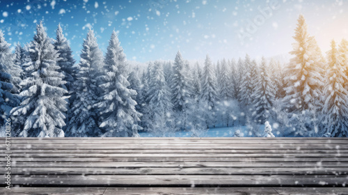 Wooden empty table top on blurred background of winter and christmas trees © MP Studio