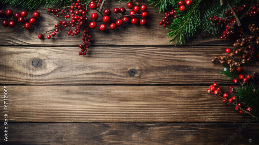 Rustic wooden surface adorned with red berries and green pine needles, setting a festive and warm Christmas ambiance. Rustic wooden surface adorned with red berries and green pine needles, setting a festive and warm Christmas ambiance.