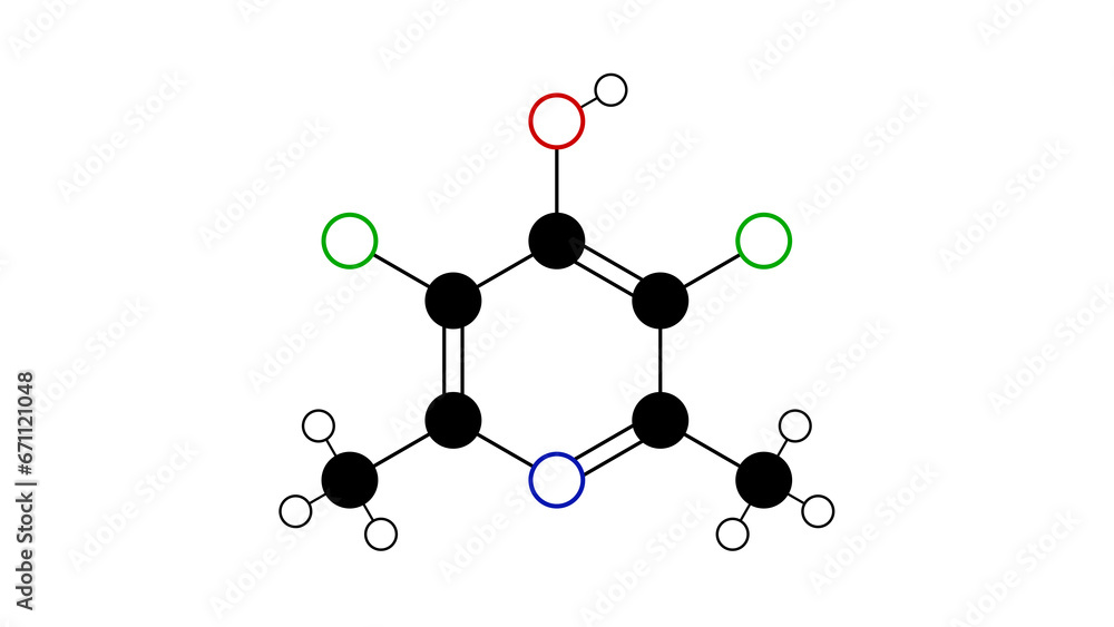 clopidol molecule, structural chemical formula, ball-and-stick model, isolated image coccidiostat clopidol molecule, structural chemical formula, ball-and-stick model, isolated image coccidiostat