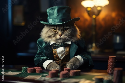 A gray cat in a suit and hat plays poker. Gambling concept. Generated by artificial intelligence