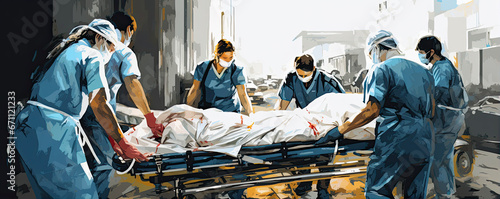 Emergency scene. Medical personal pushing or making surgery patient on gurney in a hospital clinic. illustrative style. photo