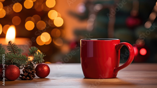 A cup with hot tea on the background of a blurry decorated Christmas tree