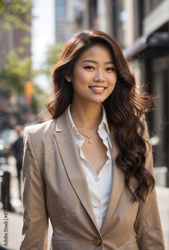 Bellissima donna in affari di origini asiatiche vestita legante in una strada di una città, sorride felice e fiduciosa