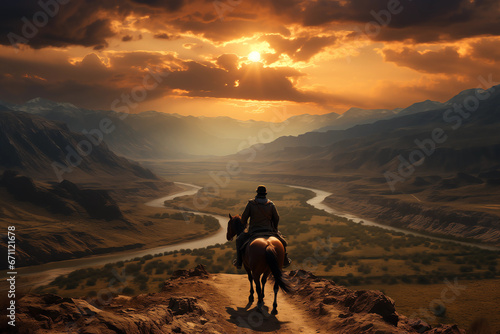 a cowboy riding through a desolate valley © Vincent