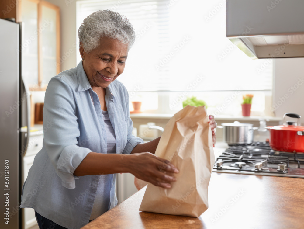 A woman opens shopping bags in the kitchen A woman opens shopping bags in the kitchen