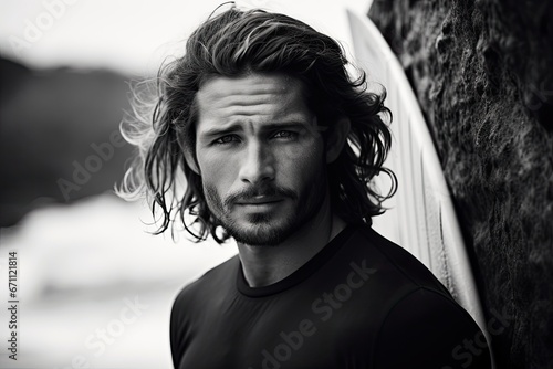 handsome surfer in a neopren suit - black and white portrait