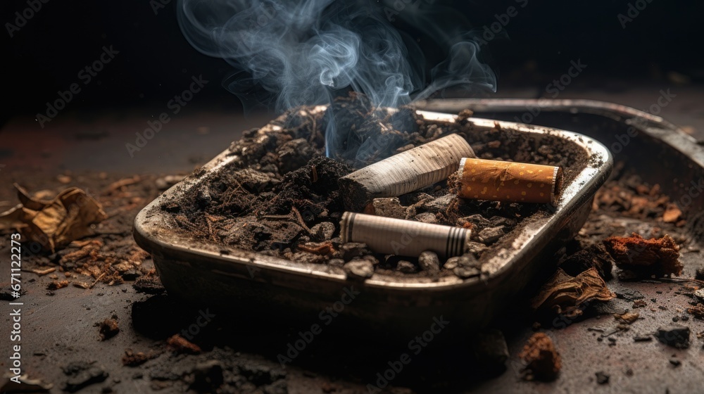 Cigarette extinguished midway in an ashtray. Cigarette extinguished midway in an ashtray.