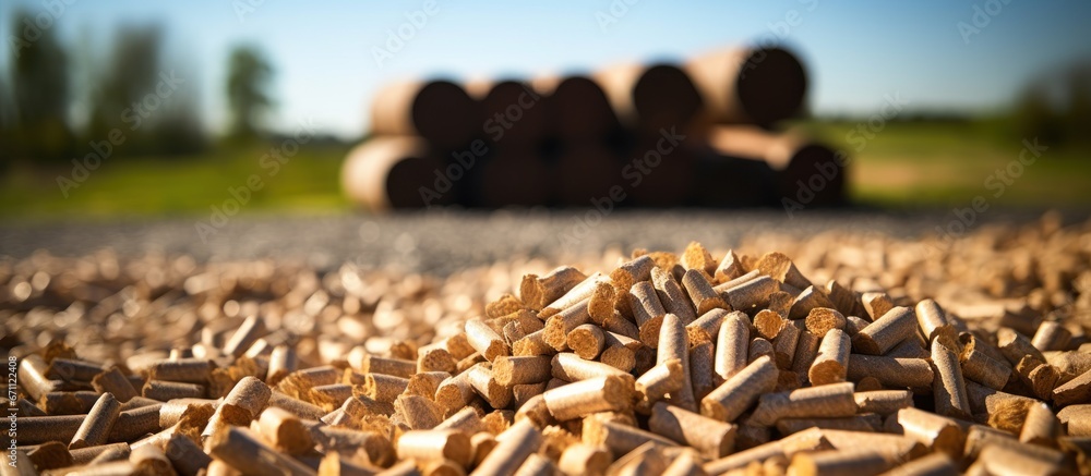 Obraz premium Biofuel pellets presented with cut logs and briquettes in daylight.