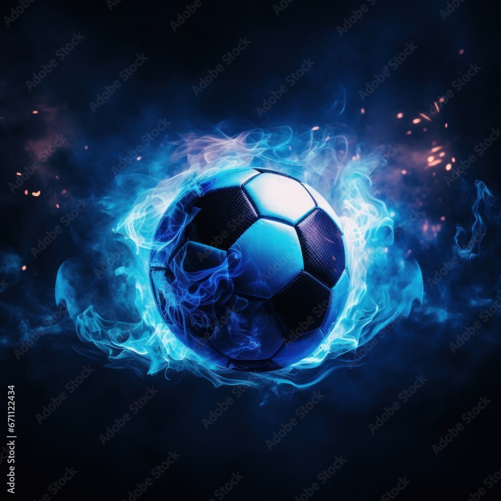 Naklejka premium Soccer ball ablaze with blue fire in dark smoke.
