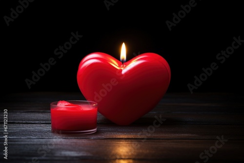 Red heart shaped candle on black background. Valentine s day concept.