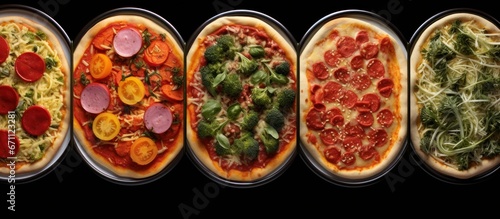Portions of various delicious oven-baked pizzas.