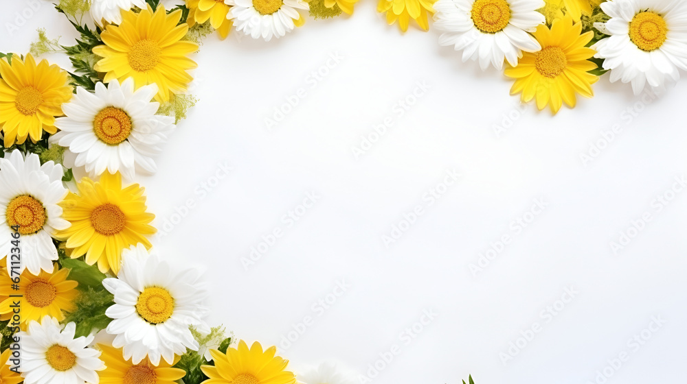 Chamomile garden flowers on the white background. Top view flat lay with copy space. Valentine's day, mother's day, women's day concept. Flat lay, top view, copy space