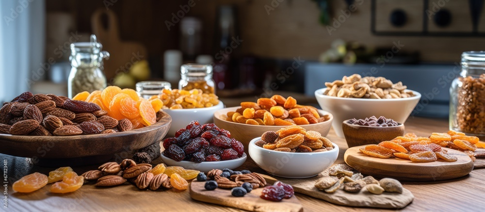 Fototapeta premium Assorted dried fruits and nuts arranged on a kitchen table, providing copy space.