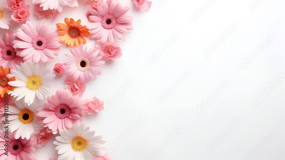 Mothers Day background with beautiful daisy flowers. Chamomile pattern on white