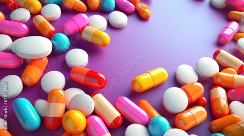 Background of pills and medicine capsules on vivid colored background