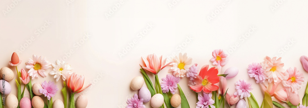 Naklejka premium Happy Easter! Colorful Easter eggs with blossoms and spring flowers. flat lay on light background. Stylish tender spring template with space for text. Greeting card or banner Copy space 