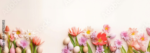 Happy Easter! Colorful Easter eggs with blossoms and spring flowers. flat lay on light background. Stylish tender spring template with space for text. Greeting card or banner Copy space  #671123852