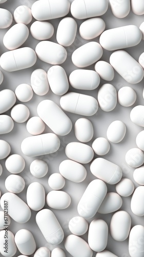 Background pattern of white pills and medicine caps on white background © shooreeq