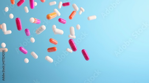 Different medical pills, tabs and capsules falling on solid color background
