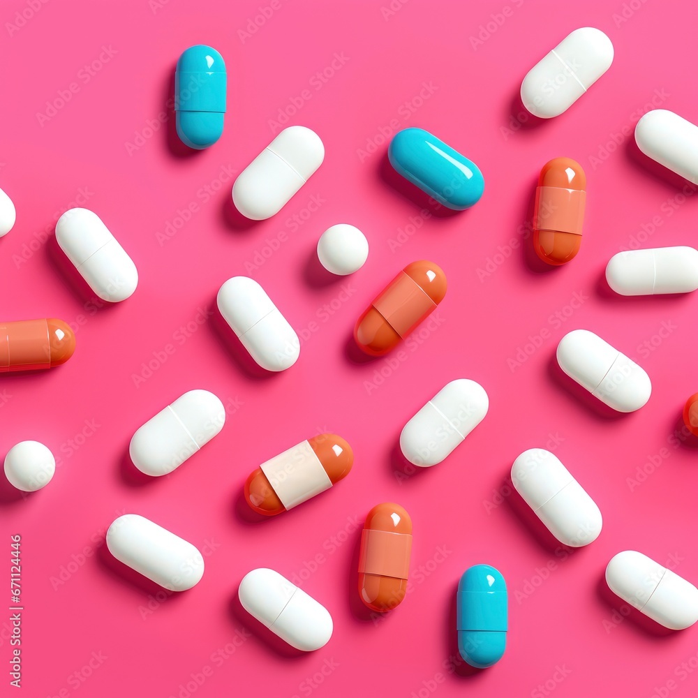 Pattern of pills and medicine capsules on vivid color background Pattern of pills and medicine capsules on vivid color background