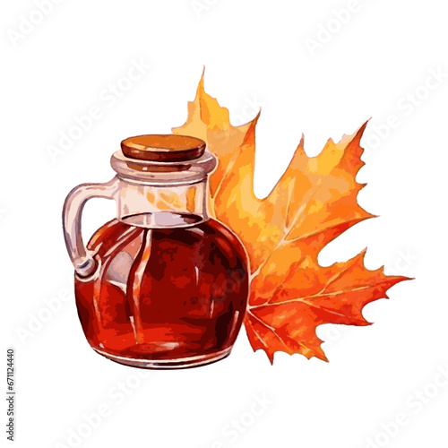 maple syrup in glass jar and autumn leaves watercolor for food decor on white background