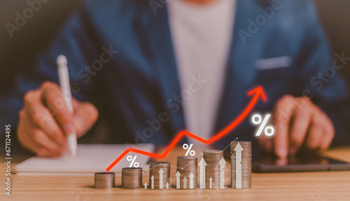 Interest rate and high return concept, business growth increase interest, money, fund, cost and capital, return on stocks and mutual funds, long term investment for retirement percentage symbol arrow.