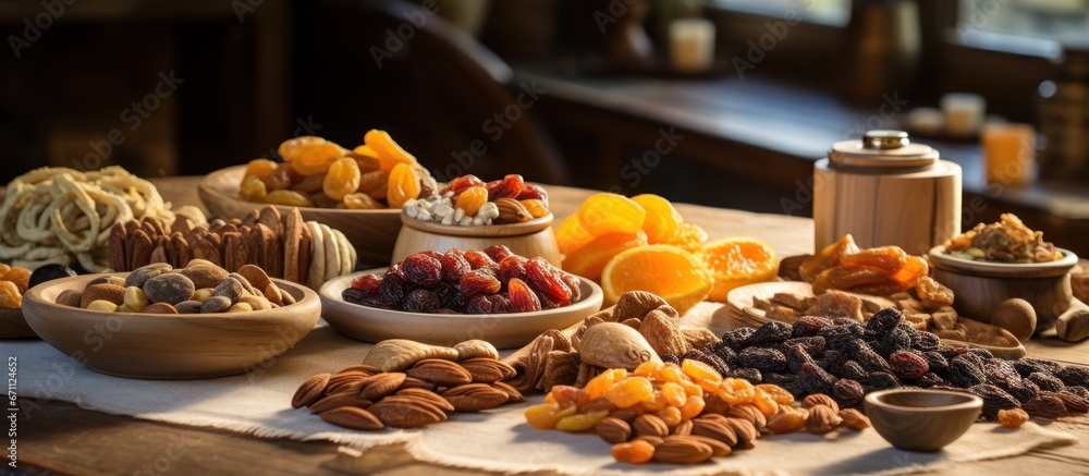 Assorted dried fruits and nuts arranged on a kitchen table, providing copy space.