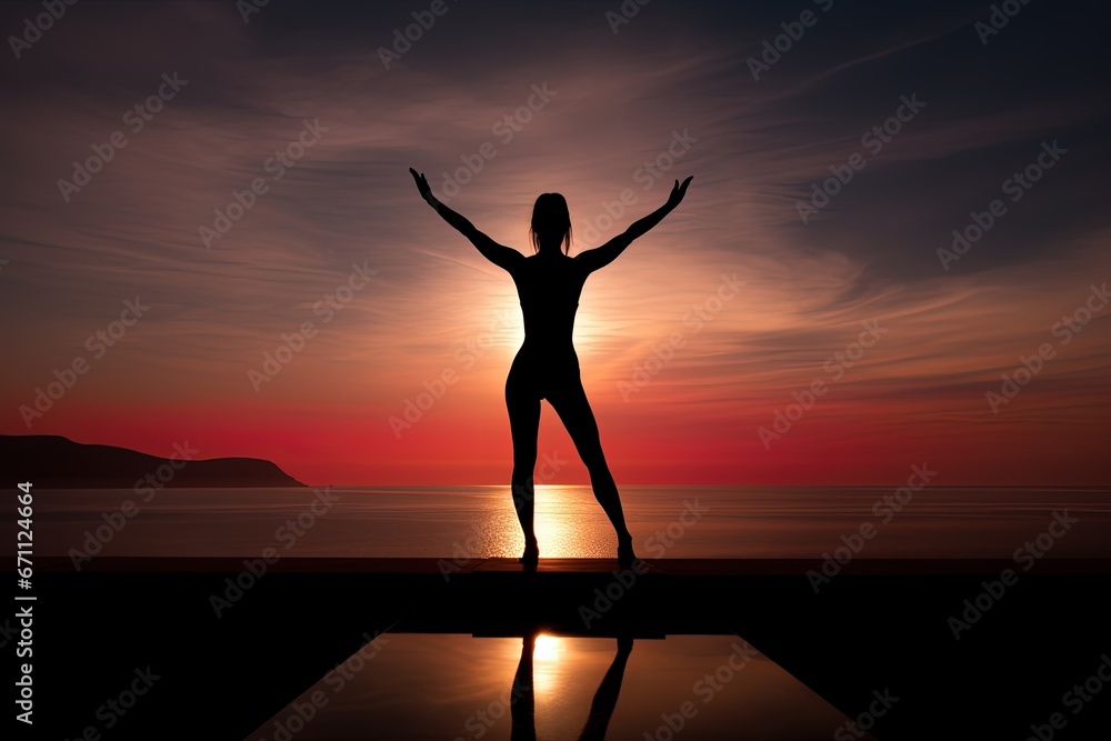 Woman Silhouette by Pool at Vibrant Sunset