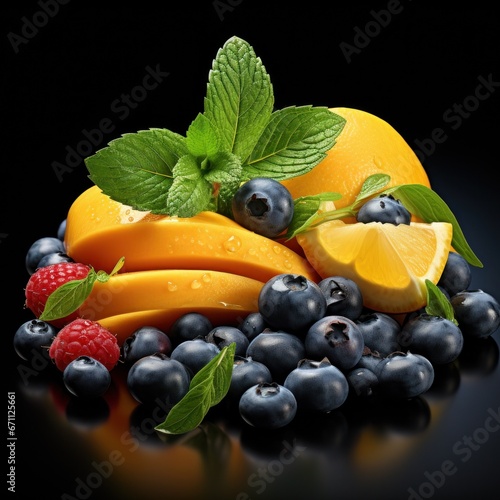 a mound of strawberries, raspberries, blueberries and mint, isolated