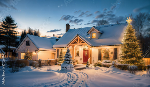Weihnachtlich dekoriertes Haus im Abendlicht mit schneebedecktem Dach und festlichem Garten mit Weihnachtsbaum und Lichterketten, Sonnenuntergang