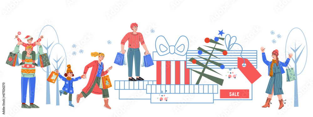 Christmas and New Year holiday promo banner and sale poster template, flat vector illustration. Banner to attract customers and boost your sales during the holiday season.